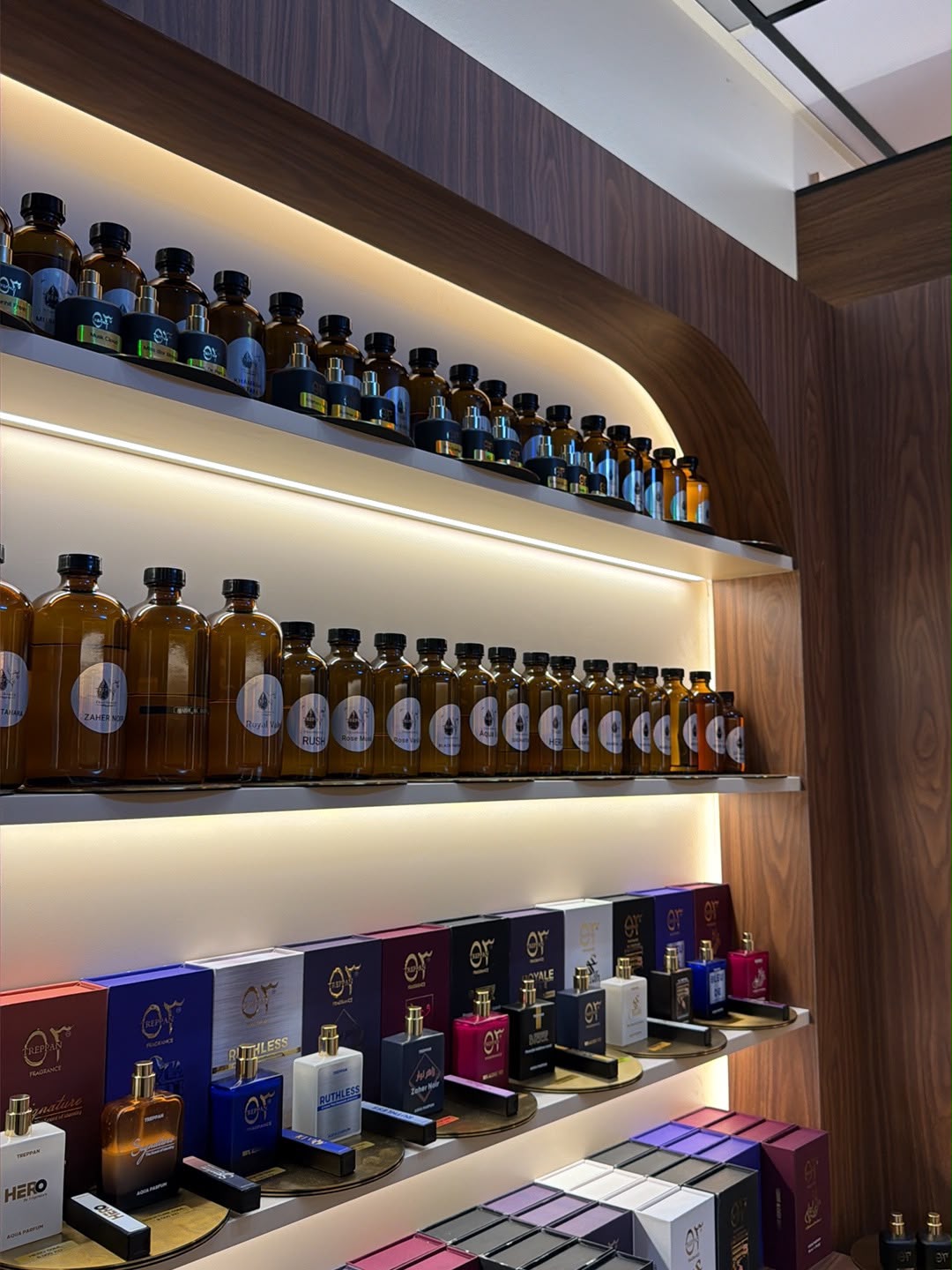 Rows of Treppan fragrance bottles